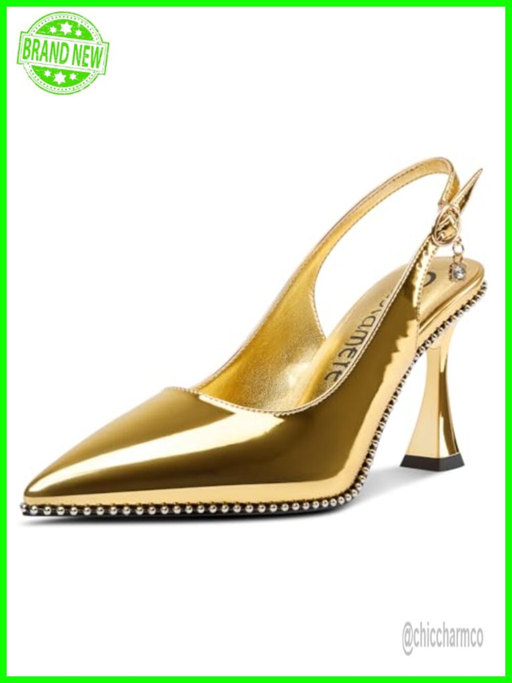 Slingback Kitten Heels Pointed Toe Beaded Dressy Pumps Chunky High Heels 3.5